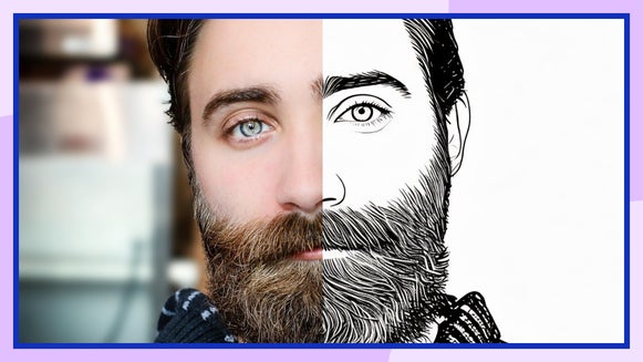 side-by-side photo showing man's portrait transforming into black and white pencil sketch effect