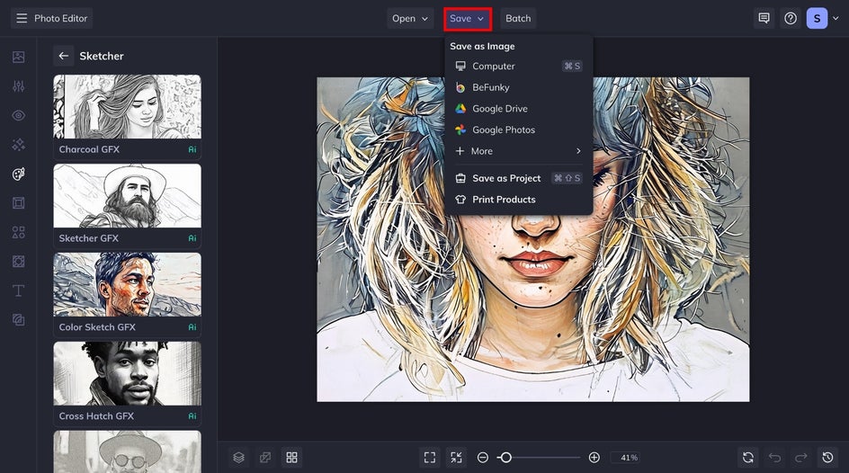 save color sketch portrait menu