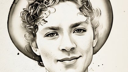 A translucent ink-style portrait of a person with curly hair, created using BeFunky's Ink Wash sketch tool for soft brushstroke effects.
