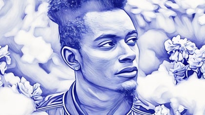 A monochrome pen-style sketch of a person against a floral background, created using BeFunky's Pen Art sketch tool for intricate pen-like details.